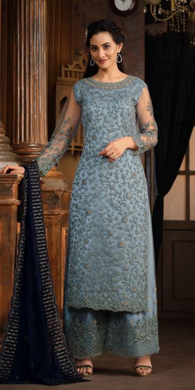 Classic Blue Color Net With Coding Sequence Work Salwar Suit