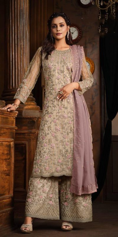 Classic Grey Color Net With Coding Sequence Work Salwar Suit