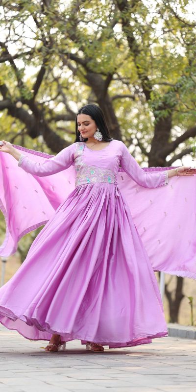 Classic Purple Color Chinon Sequence With Thread Work Gown