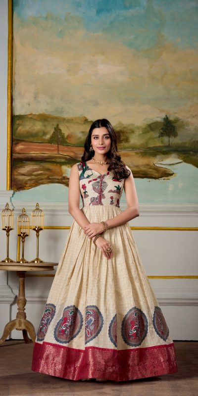 Classic Red Color Dola Silk Kalamkari Print Zari Weaving Broder Gown