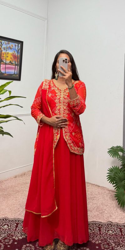 Classic Red Color Printed Faux Georgette Embroidery Work Salwar Suit