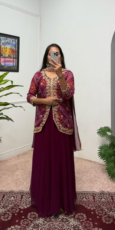 Classic Wine Color Printed Faux Georgette Embroidery Work Salwar Suit