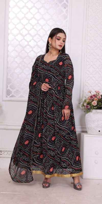 Cool Black Color Georgette Print With Lace Work Gown