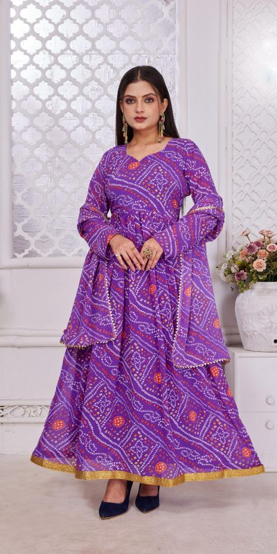 Cool Pink Color Georgette Print With Lace Work Gown