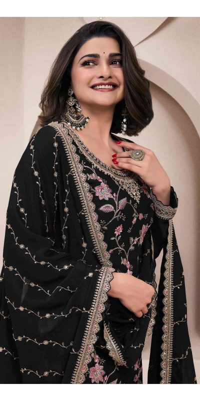 Dazzling Black Color Chinon Multi Work Salwar Suit
