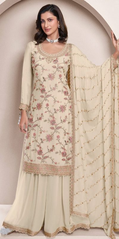 Dazzling Half White Color Chinon Multi Work Salwar Suit