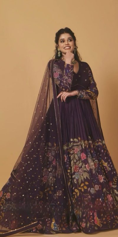 Elegant Dark Purple Color Chant Crepe Kalamkari Print Gown