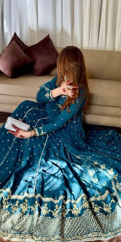 Elegant Rama Blue Color Star Georgette Embroidery Work Gown