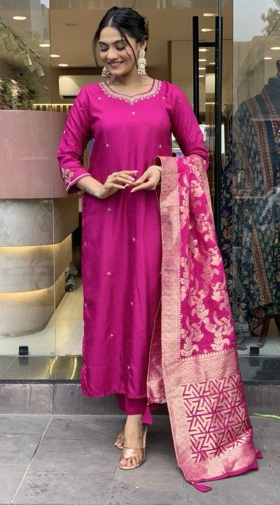 Fancy Rani Pink Color Roman Silk Coding Work Salwar Suit