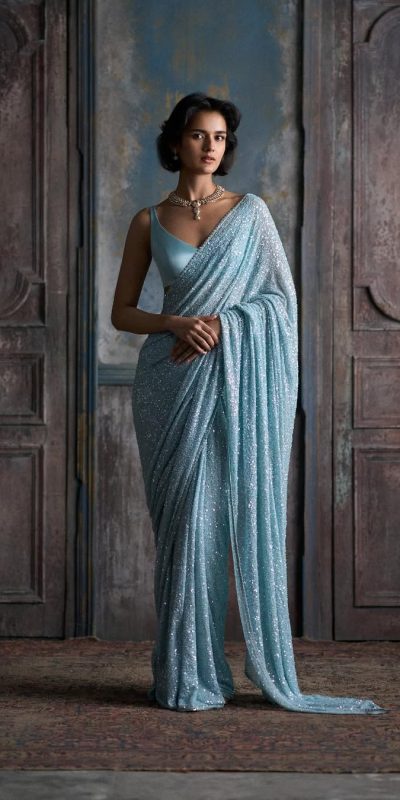 Fancy Sky Blue Color Georgette Khichdi Sequence Work Saree