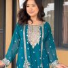 Blue Chinon Embroidery Work Moti Lace Salwar Suit