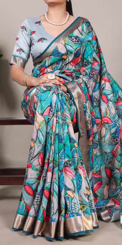 Glowing Blue Color Tushar Silk With Viscose Border Printed Saree