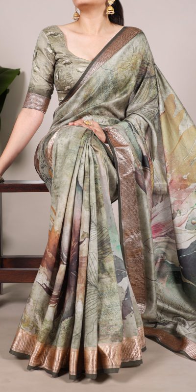 Glowing Brown Color Tushar Silk With Viscose Border Printed Saree
