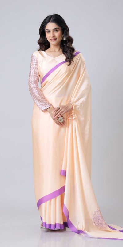 Glowing Light Peach Color Japan Satin Digital Print Work Saree