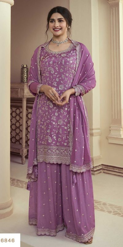 Glowing Light Violet Color Chinon Embroidery Multi Work Salwar Suit