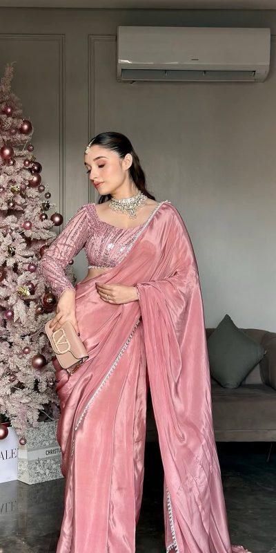 Glowing Peach Color Crepe Silk With Kody Lace Work Saree