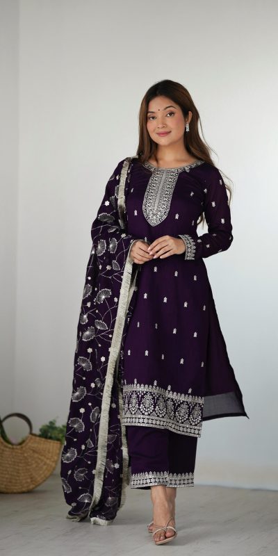 Glowing Purple Color Rangoli Silk Sequence Jari Work Salwar Suit