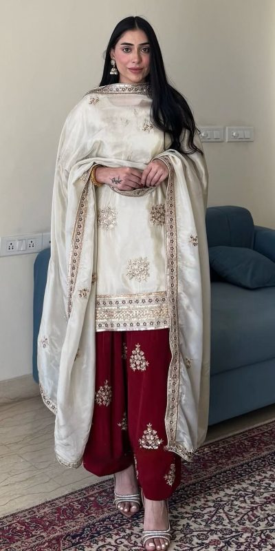 Glowing White Color Chinon Silk With Embroidery Work Salwar Suit