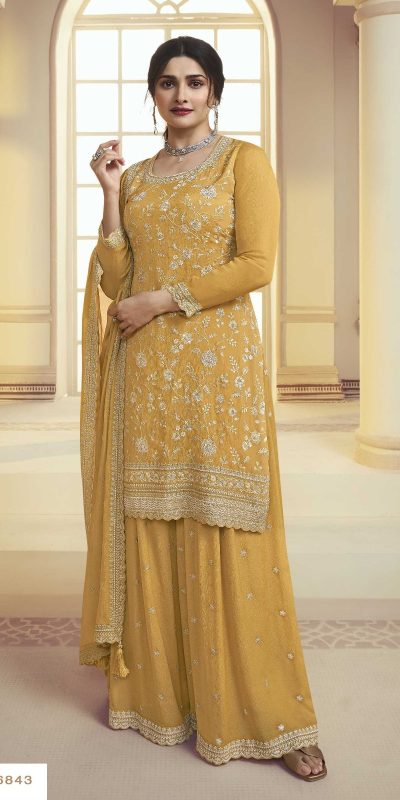 Glowing Yellow Color Chinon Embroidery Multi Work Salwar Suit