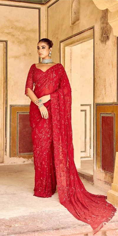 Gorgeous Red Color Georgette Sequins Embroidery work Saree