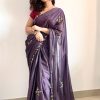Gorgeous Violet Color Rangoli Silk Handwork Cutwork Pearl Saree