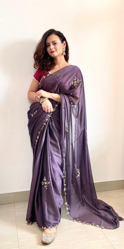 Gorgeous Violet Color Rangoli Silk Handwork Cutwork Pearl Saree