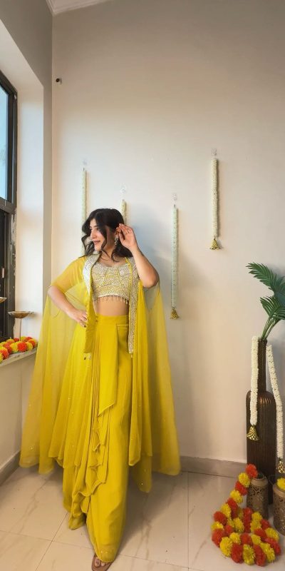 Gorgeous Yellow Color Georgette Sequence Work On Front Dhoti Suit