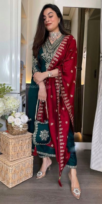 Lovely Peacock Blue Color Chinon Embroidery Work Salwar Suit