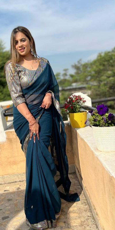 Lovely Peacock Blue Color Georgette Sequence Work Lace Saree