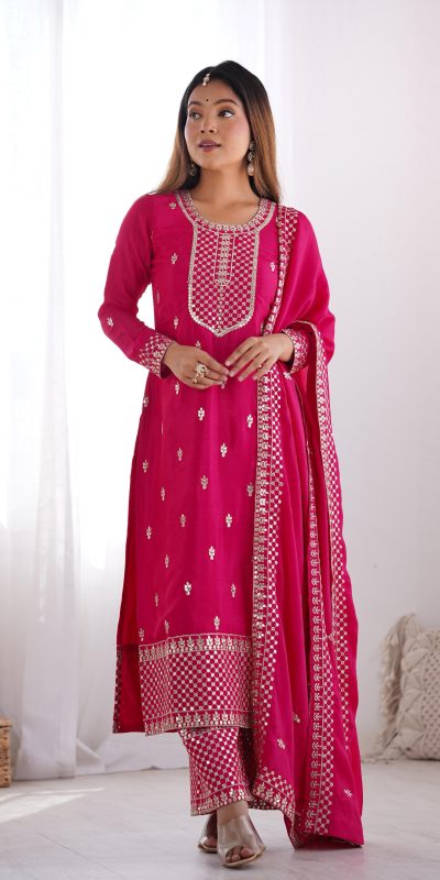 Lovely Pink Color Chinon Silk Embroidery With Jari Work Salwar Suit