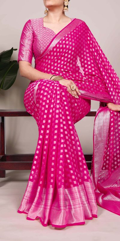 Magical Pink Color Nylon Georgette Zari Weaving Work Saree