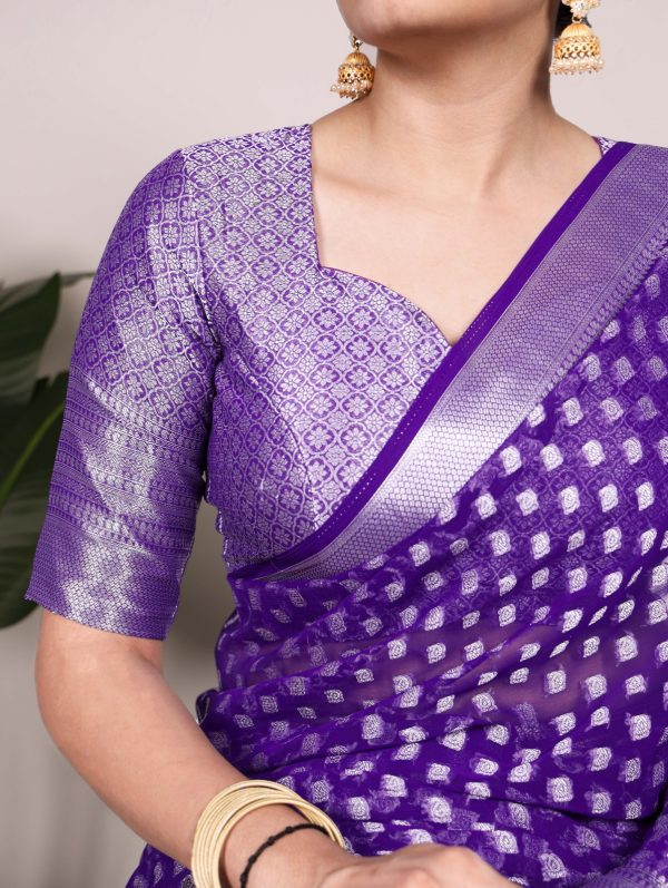 Purple Nylon Georgette Zari Weaving Work Saree - Image 3