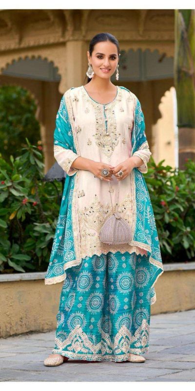 Nice Blue Color Chinon Sequence Mirror Hand Work Salwar Suit