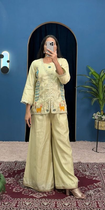 Nice Light Pista Color Shimmer Embroidery Moti With Mirror Salwar Suit