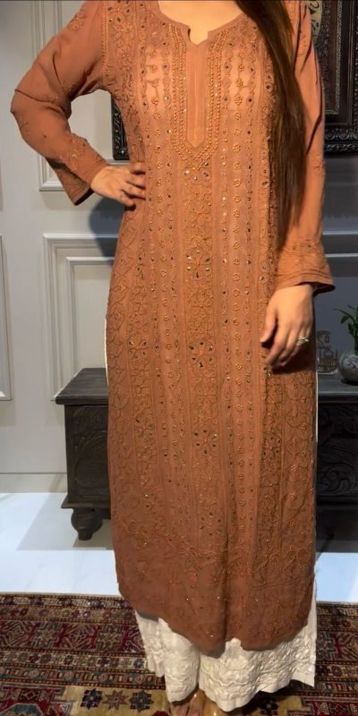 Pretty Coffee Color Rayon Embroidery Foil Thread Work Salwar Suit