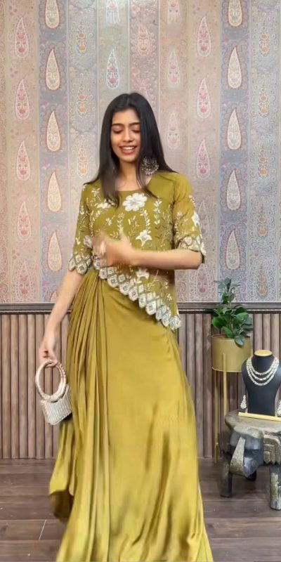 Pretty Mehndi White Color Chinon Sequence Work Skirt Suit