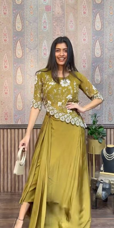 Pretty Mehndi White Color Chinon Sequence Work Skirt Suit