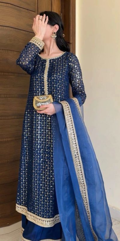 Pretty Navy Blue Color Foix Georgette Thread With Sequence Salwar Suit