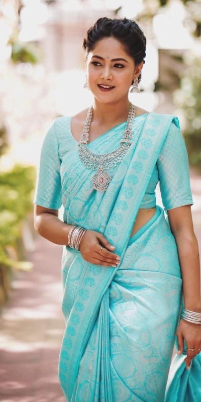 Pretty Sky Blue Color Soft Lichi Silk Jacquard Work On All Over Saree