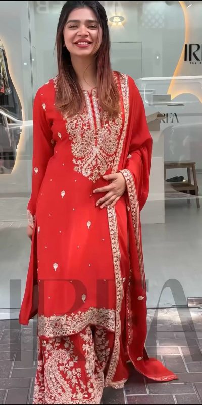 Shiny Red Color Chinon Silk With Embroidery Work Salwar Suit