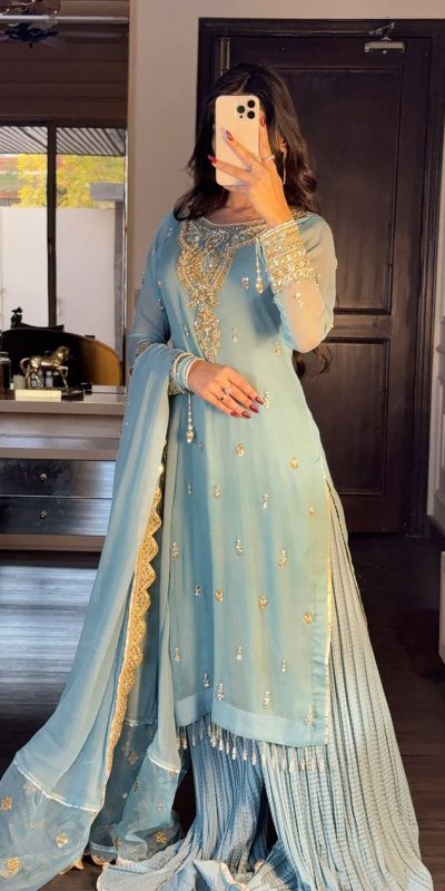 Simple Sky blue Color Georgette Sequence Beads Work Salwar Suit