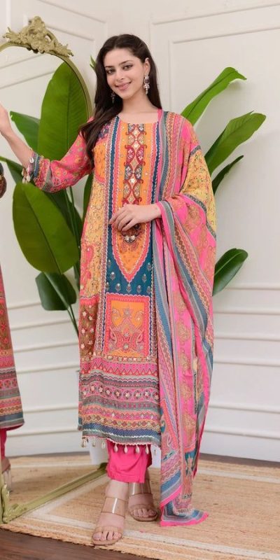 Special Pink Color Chinon Printed Mirror Work Moti Lace Salwar Suit