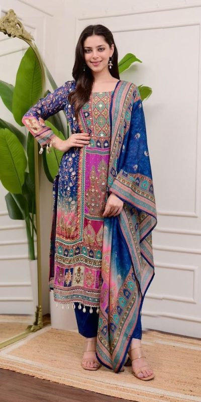 Special Royal Blue Color Chinon Printed Mirror Work Moti Lace Salwar Suit