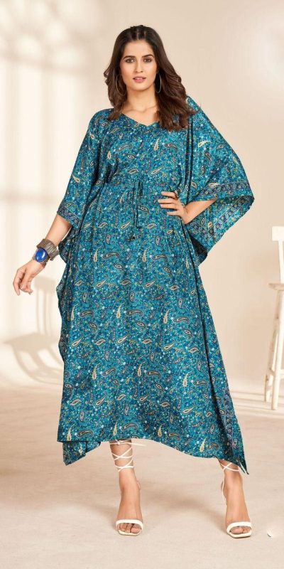Stylist Blue Color Heavy French Crape Print Kaftan Suit