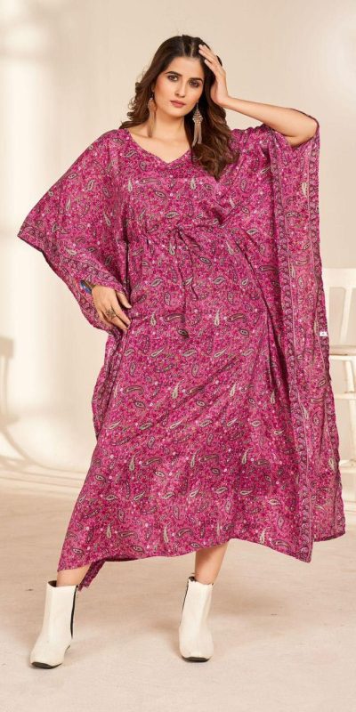 Stylist Pink Color Heavy French Crape Print Kaftan Suit