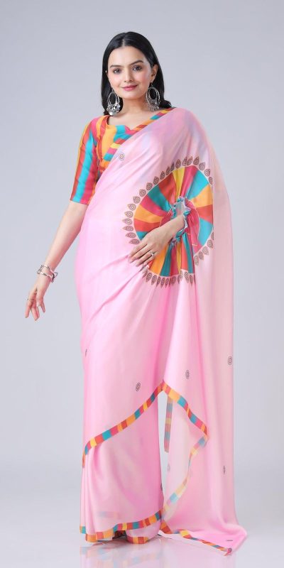 Stylist Pink Color Japan Satin Digital Print Work Saree