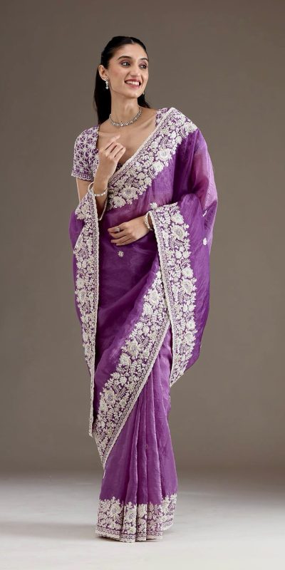 Stylist Purple Color Gold Crush Sequins Work Fancy Border Saree