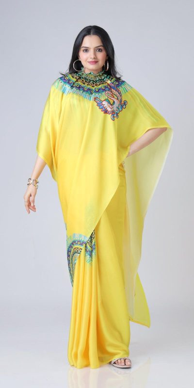 Stylist Yellow Color Japan Satin Digital Print Work Saree