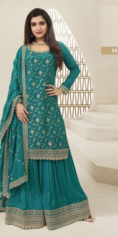 Superb Blue Color Jacquard Silk Chinon Multi Work Salwar Suit