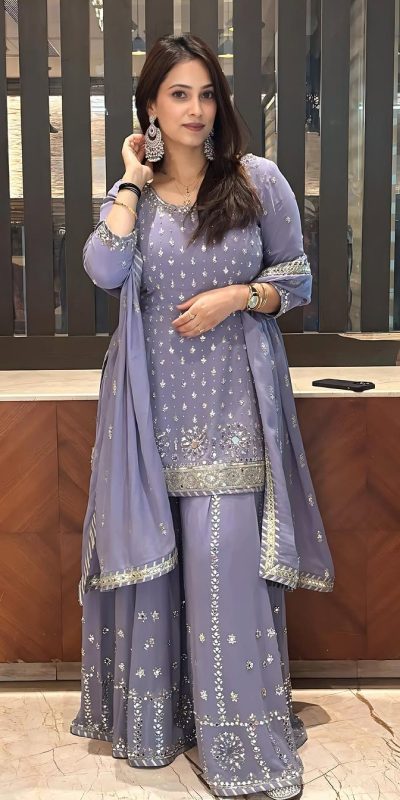 Superb Purple Color Georgette Sequences Work Peral Real Mirror Salwar Suit